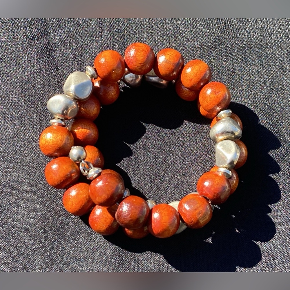 STATEMENT NECKLACE & BRACELET SET POLISHED WOOD & SILVER TONE BEADS - Picture 5 of 12